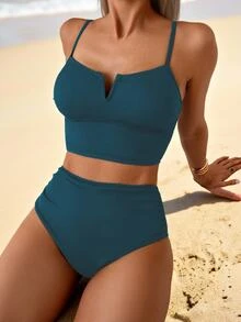 SHEIN Swim 女士高腰收腹纹理面料短裤，黑色吊带比基尼泳装套装，夏季度假休闲 - 墨綠色 - 查看 7