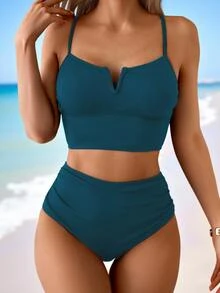 SHEIN Swim 女士高腰收腹纹理面料短裤，黑色吊带比基尼泳装套装，夏季度假休闲 - 墨綠色 - 查看 3
