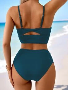 SHEIN Swim 女士高腰收腹纹理面料短裤，黑色吊带比基尼泳装套装，夏季度假休闲 - 墨綠色 - 查看 2