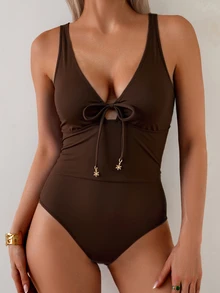 Swim Basics 1pc Solid Color Twist Ruched One-Piece Swimsuit, Summer - Mocha Brown - View 3