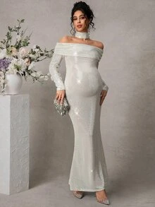 Cheriluna Maternity 孕妇写真露肩长袖修身鱼尾连衣裙，配腰带 - 銀色 - 查看 2