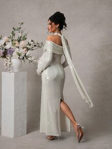 Cheriluna Maternity 孕妇写真露肩长袖修身鱼尾连衣裙，配腰带 - 銀色 - 查看 3