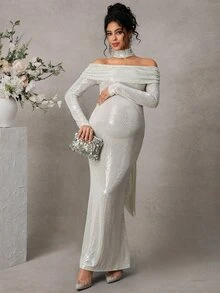 Cheriluna Maternity 孕妇写真露肩长袖修身鱼尾连衣裙，配腰带 - 銀色 - 查看 5