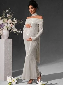 Cheriluna Maternity 孕妇写真露肩长袖修身鱼尾连衣裙，配腰带 - 銀色 - 查看 1