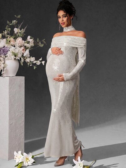 Cheriluna Maternity 孕妇写真露肩长袖修身鱼尾连衣裙，配腰带