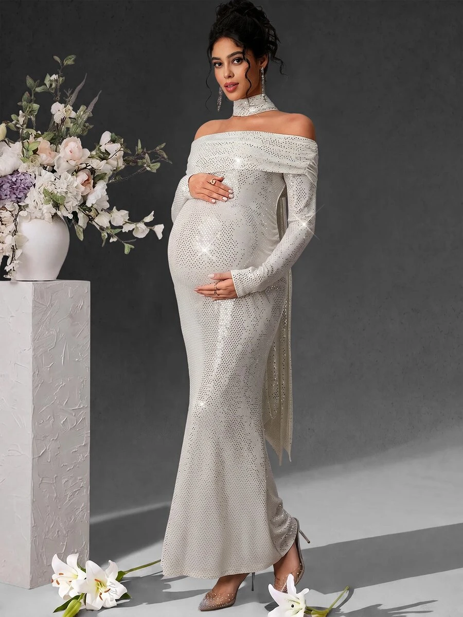 Cheriluna Maternity 孕妇写真露肩长袖修身鱼尾连衣裙,配腰带 - 銀色 - 查看 1