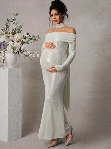 Cheriluna Maternity 孕妇写真露肩长袖修身鱼尾连衣裙，配腰带 - 銀色 - 查看 4