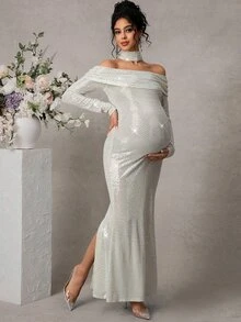 Cheriluna Maternity 孕妇写真露肩长袖修身鱼尾连衣裙，配腰带 - 銀色 - 查看 6