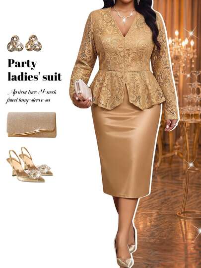 Fleurora Plus Size Women V-Neck Lace Top And Skirt Casual Two Pieces Set