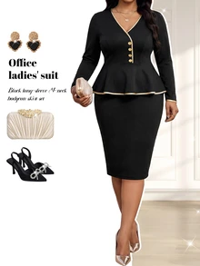 Fleurora Plus Size Women's Colorblock V-Neck Long Sleeve Top And Skirt Casual 2 Pieces Set Fall - Black - View 1
