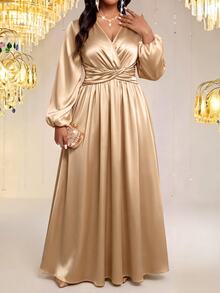 Fleurora Plus Size Women Solid Color V-Neck Lantern Sleeve Ruched Waist Elegant Dress - Apricot - View 4