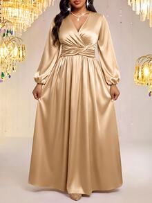 Fleurora Plus Size Women Solid Color V-Neck Lantern Sleeve Ruched Waist Elegant Dress - Apricot - View 5