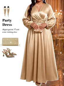 Fleurora Plus Size Women Solid Color V-Neck Lantern Sleeve Ruched Waist Elegant Dress - Apricot - View 6