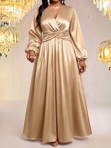 Fleurora Plus Size Women Solid Color V-Neck Lantern Sleeve Ruched Waist Elegant Dress - Apricot - View 1