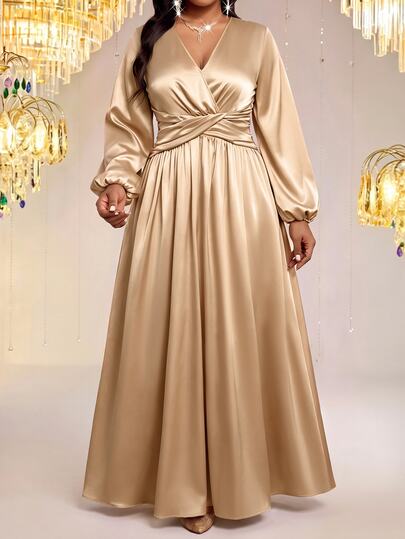 Fleurora Plus Size Women Solid Color V-Neck Lantern Sleeve Ruched Waist Elegant Dress