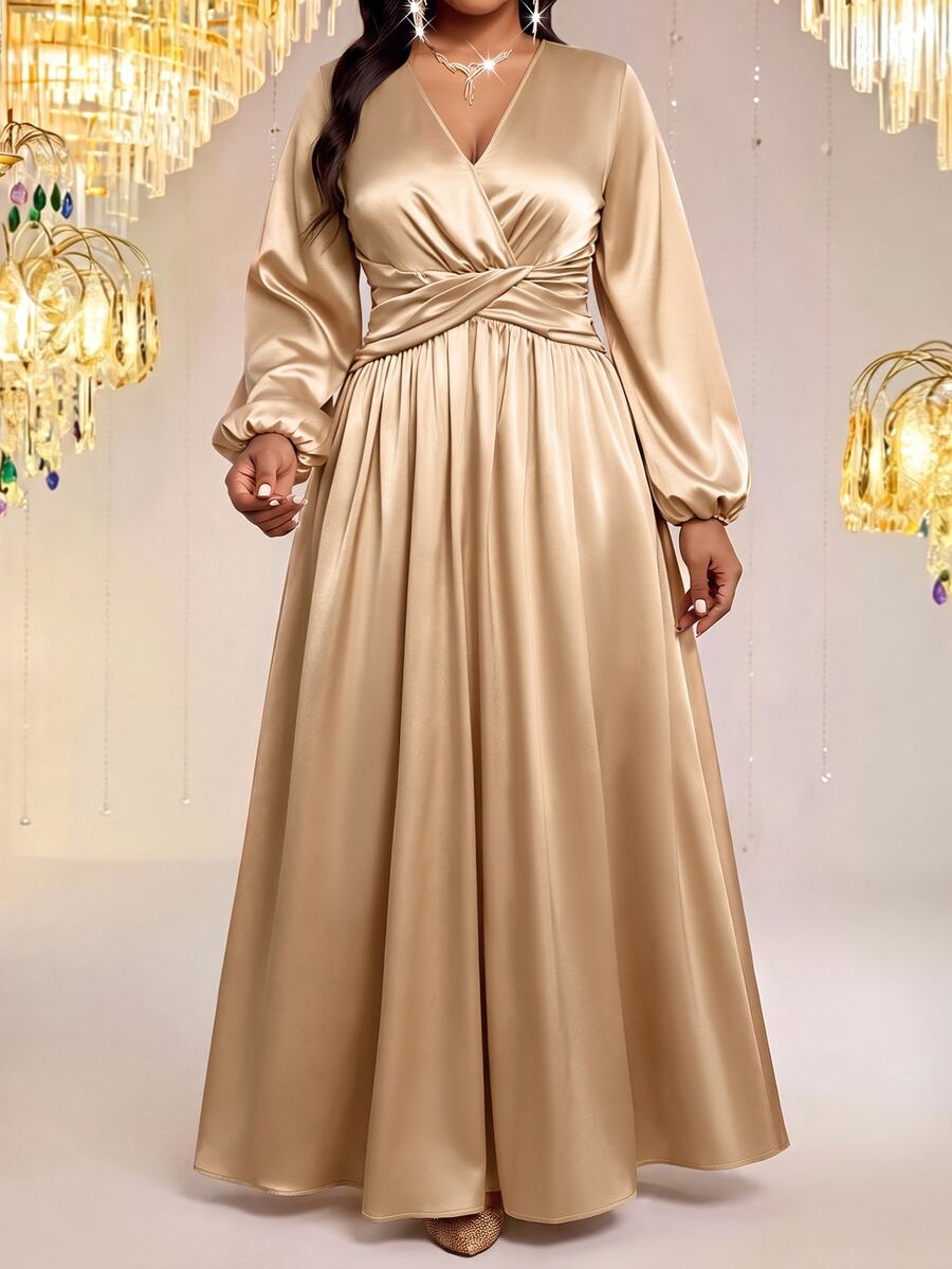 Fleurora Plus Size Women Solid Color V-Neck Lantern Sleeve Ruched Waist Elegant Dress - Apricot - View 1