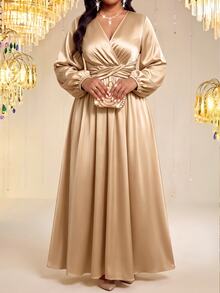 Fleurora Plus Size Women Solid Color V-Neck Lantern Sleeve Ruched Waist Elegant Dress - Apricot - View 3