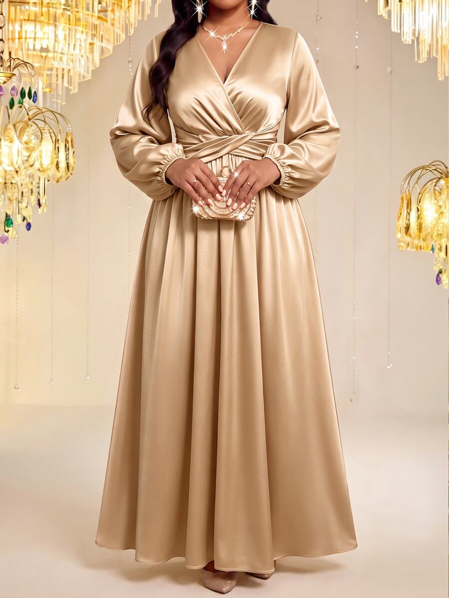 Fleurora 大尺碼女款純色V領燈籠袖抓皺腰優雅洋裝 - 杏色 - 查看 1