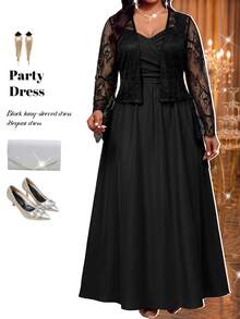 Fleurora Plus Size Women's Lace Long Sleeve Open Front Top And Cami Dress Elegant 2 Pieces Set Fall - Black - View 6