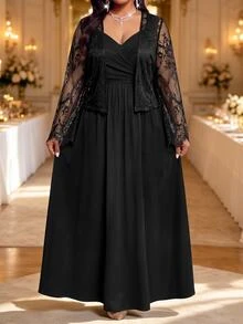 Fleurora Plus Size Women's Lace Long Sleeve Open Front Top And Cami Dress Elegant 2 Pieces Set Fall - Black - View 5
