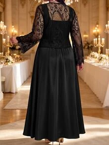 Fleurora Plus Size Women's Lace Long Sleeve Open Front Top And Cami Dress Elegant 2 Pieces Set Fall - Black - View 2