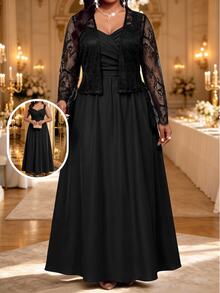 Fleurora Plus Size Women's Lace Long Sleeve Open Front Top And Cami Dress Elegant 2 Pieces Set Fall - Black - View 1