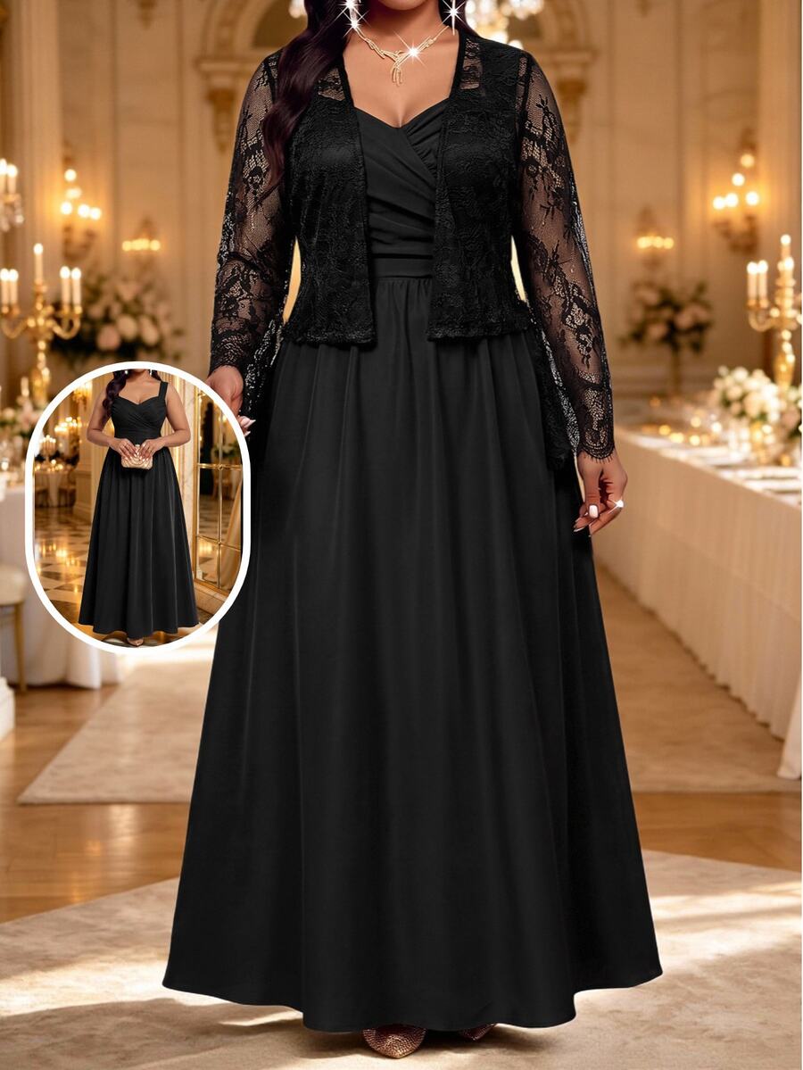 Fleurora Plus Size Women's Lace Long Sleeve Open Front Top And Cami Dress Elegant 2 Pieces Set Fall - Black - View 1