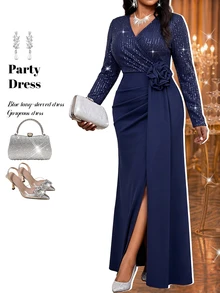 Fleurora Plus Size Women V-Neck Shiny Split Design Casual Party Dress Fall - Navy Blue - View 7