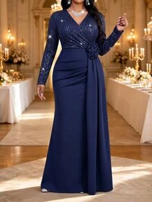 Fleurora Plus Size Women V-Neck Shiny Split Design Casual Party Dress Fall - Navy Blue - View 4