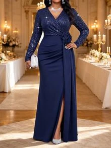 Fleurora Plus Size Women V-Neck Shiny Split Design Casual Party Dress Fall - Navy Blue - View 5