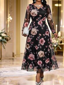 Fleurora Plus Size Women's Floral Print Long Sleeve Elegant Dress - Multicolor - View 1