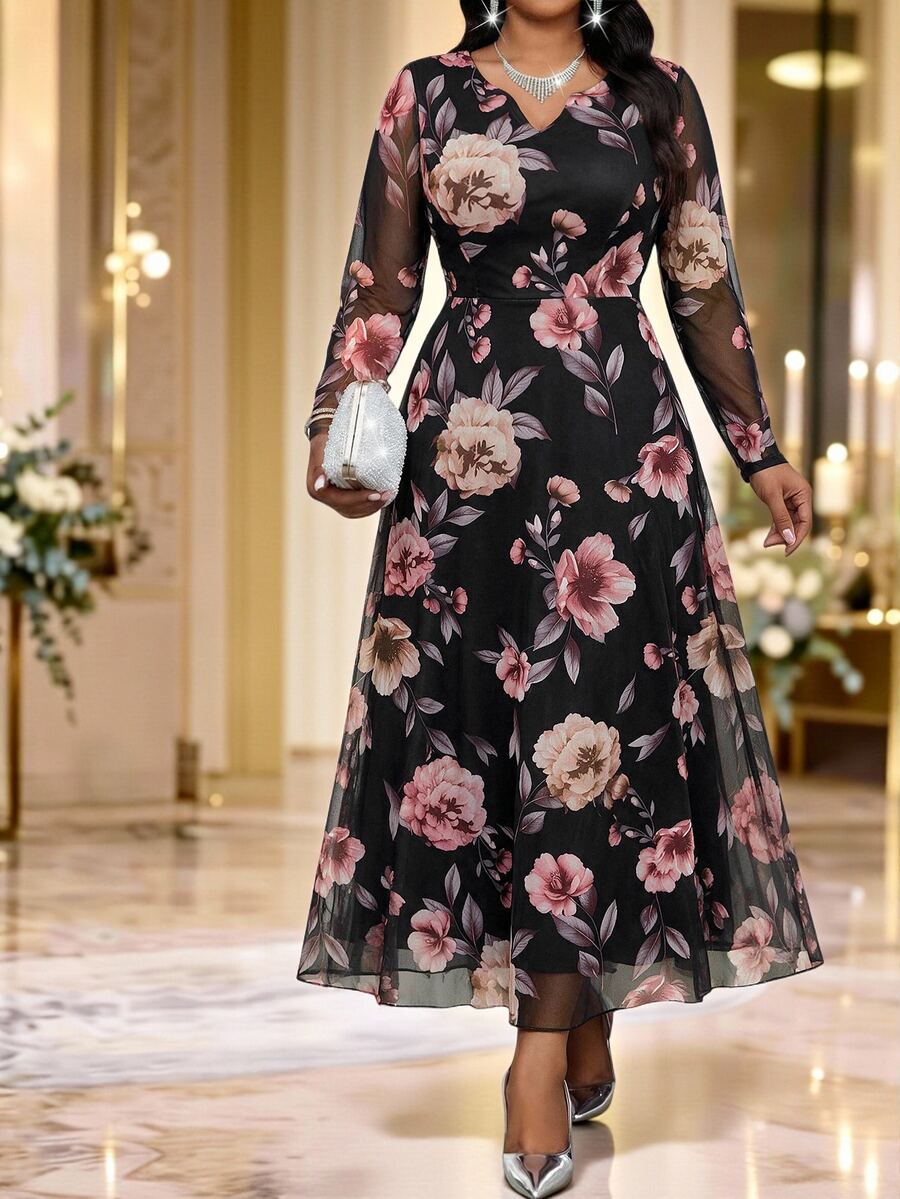 Fleurora Plus Size Women's Floral Print Long Sleeve Elegant Dress - Multicolor - View 1