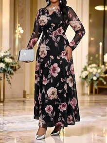 Fleurora Plus Size Women's Floral Print Long Sleeve Elegant Dress - Multicolor - View 4