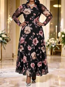 Fleurora Plus Size Women's Floral Print Long Sleeve Elegant Dress - Multicolor - View 5