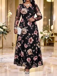 Fleurora Plus Size Women's Floral Print Long Sleeve Elegant Dress - Multicolor - View 3