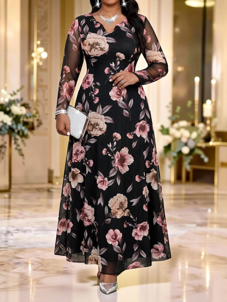Fleurora Plus Size Women's Floral Print Long Sleeve Elegant Dress - Multicolor - View 1