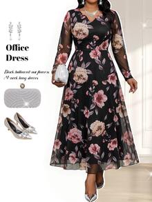 Fleurora Plus Size Women's Floral Print Long Sleeve Elegant Dress - Multicolor - View 6