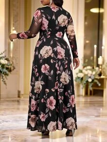 Fleurora Plus Size Women's Floral Print Long Sleeve Elegant Dress - Multicolor - View 2