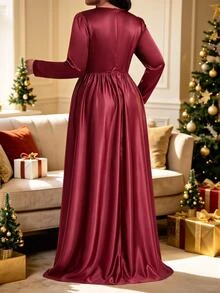 Fleurora Plus Size Women Solid Color Pleated Design Long Sleeve Elegant Dress - Red - View 2