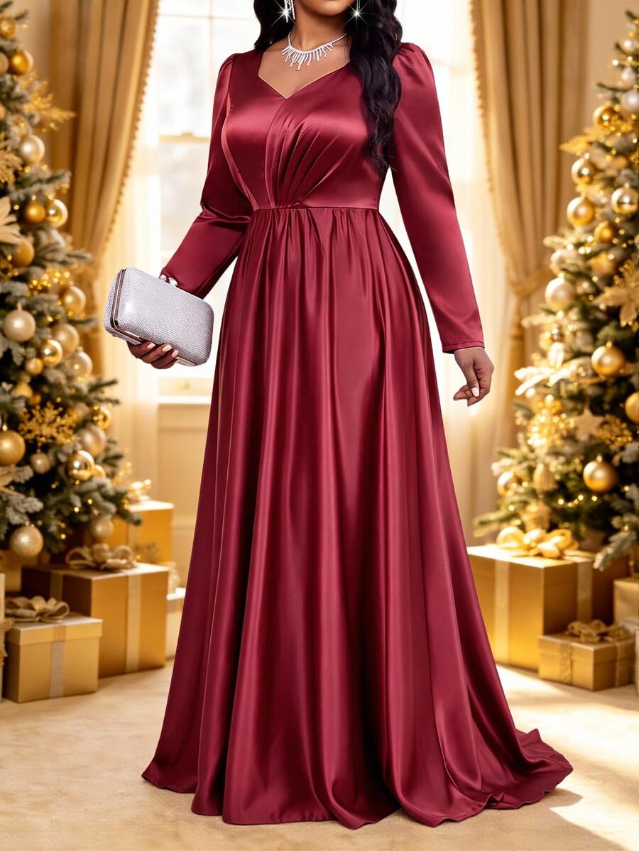 Fleurora Plus Size Women Solid Color Pleated Design Long Sleeve Elegant Dress - Red - View 1