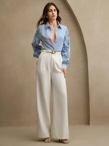 Anewsta 新款春夏休闲宽松蓝白条纹拼布刺绣衬衫，女士商务休闲装 - 藍白色 - 查看 6