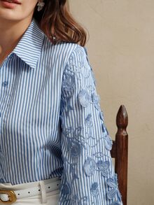 Anewsta 新款春夏休闲宽松蓝白条纹拼布刺绣衬衫，女士商务休闲装 - 藍白色 - 查看 2