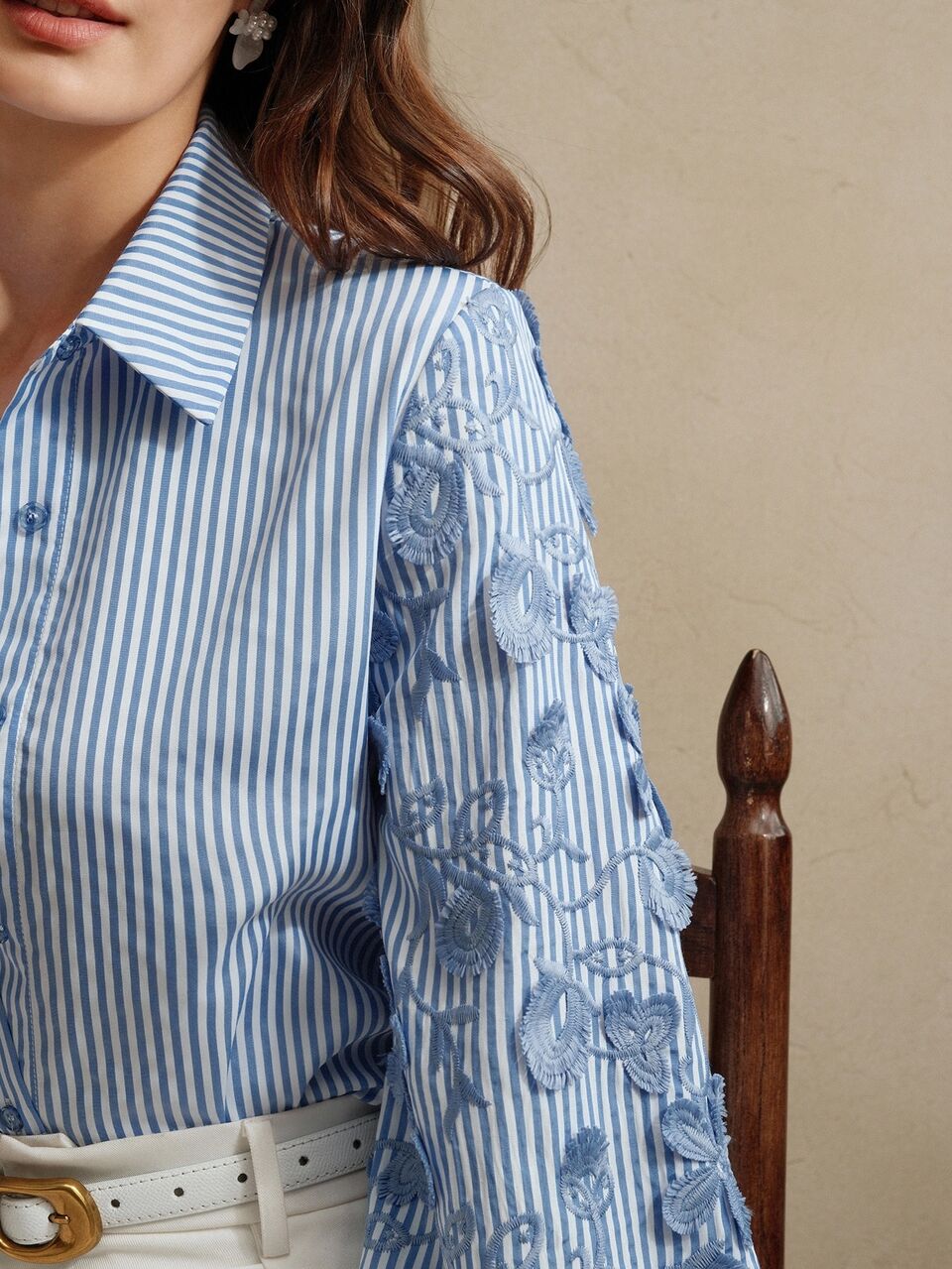 Anewsta Women's Casual Blue And White Striped Long Sleeve Bishop Sleeve Shirt Collar Blouse With Button Details