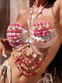 Swim SXY New Summer/Autumn Beach Colorful Beaded Cover-Up, Sexy And Fashionable Design Suitable For Music Festivals, Bohemian Style For Women - Hot Pink - View 5