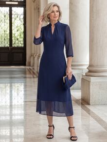 EMERY ROSE Elegant Solid Color V-Neck Short Sleeve Dress For Middle-Aged And Elderly Women Fall Clothes For Women Winter Outfit For Women - Navy Blue - View 6