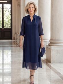EMERY ROSE Elegant Solid Color V-Neck Short Sleeve Dress For Middle-Aged And Elderly Women Fall Clothes For Women Winter Outfit For Women - Navy Blue - View 5