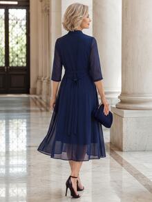 EMERY ROSE Elegant Solid Color V-Neck Short Sleeve Dress For Middle-Aged And Elderly Women Fall Clothes For Women Winter Outfit For Women - Navy Blue - View 2