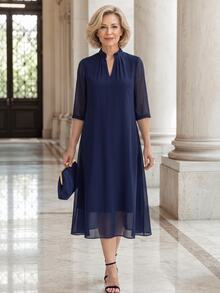 EMERY ROSE Elegant Solid Color V-Neck Short Sleeve Dress For Middle-Aged And Elderly Women Fall Clothes For Women Winter Outfit For Women - Navy Blue - View 8
