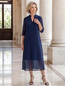 EMERY ROSE Elegant Solid Color V-Neck Short Sleeve Dress For Middle-Aged And Elderly Women Fall Clothes For Women Winter Outfit For Women - Navy Blue - View 3