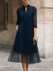EMERY ROSE Elegant Solid Color V-Neck Short Sleeve Dress For Middle-Aged And Elderly Women Fall Clothes For Women Winter Outfit For Women - Navy Blue - View 1